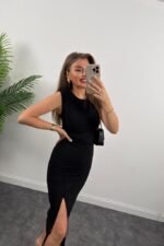 Kadın Askılı Kolsuz Belden Büzgülü Yırtmaçlı Midi Janjan Krep Elbise - Görsel 6