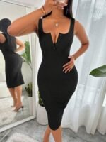 Kadın Askılı önü Düğmeli Midi Kaşkorse Elbise - Görsel 6