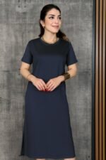 Kadın Kısa Kollu Bisiklet Yaka Yırtmaçlı Viskon Iki Iplik Elbise - Görsel 3