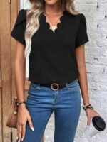 Kadın Kısa Kollu Lazer V Yakalı Ithal Krep Bluz - Görsel 3