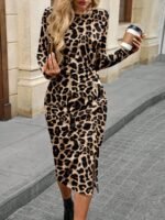 Kadın Uzun Kollu Bisiklet Yaka Leopar Desenli Modal Midi Elbise