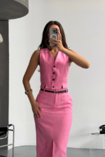 YELEK-ÖNDEN YIRTMAÇLI ETEK TK ŞANTUK KETEN - Pembe - Görsel 2