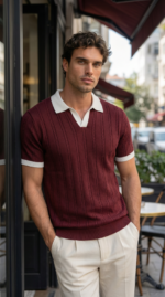 Erkek Örgü Desen Yakalı Kısa Kollu Triko Tişört - %100 Pamuk Akrilik - Görsel 5