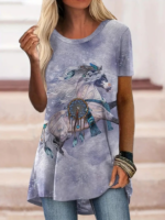 Kadın Kısa Kollu Bisiklet Yaka Mitolojik At Figür Baskılı Salaş Süprem Bluz - Görsel 3