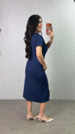 Kadın Polo Yaka çift Yırtmaç Detay Modal Kumaş Midi Boy Elbise - Görsel 3