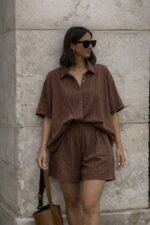 Kadın Kısa Kollu çizgili Modal Kumaş Gömlek Ve Yüksek Bel Lastik Detay şort Ikili Takım - Görsel 2