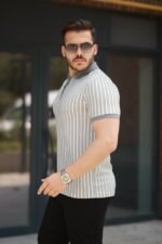 Erkek çizgili Fermuar Yakalı Kısa Kollu Tişört - Görsel 2