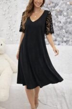 Kadın Kısa Dantel Kollu V Yakalı Midi Viskon Elbise - Görsel 3