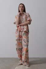 Baskılı Kısa Kol Pantolon Takım - Taş-Oranj - Görsel 2