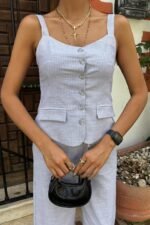 Kalın Askılı Bluz Pantolon Keten Takım 10187 - Görsel 7