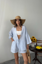 ÇİZGİLİ TUNİK -ŞORT TAKIM - Mavi - Görsel 3