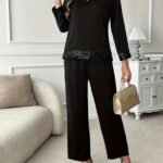 Kadın Uzun Kollu Bisiklet Yaka Pulpayetli Viskon Iki Iplik Bluz Ve Pantolon Ikili Takım