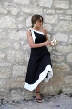 Kadın Tek Omuzu Açık Omuzlardan Kurdela Detaylı çift Renkli Ithal Krep Elbise - Görsel 2