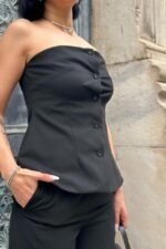 Siyah Straplez Düğmeli Crop Ve Pantolon Takım - Görsel 3