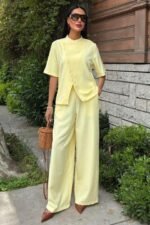 Hakim Yaka Çapraz Düğmeli Plazzo Pantolon Viscon Keten Takım 10209 - Görsel 6