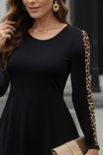 Kadın Uzun Kollu Bisiklet Yaka Kollar Leopar Detay Iki Iplik Mini Boy Elbise - Görsel 2