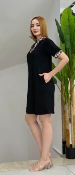 Kadın Kısa Kollu V Yakalı Leopar Desen Detaylı Modal Elbise - Görsel 2