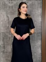 Kadın Kısa Kollu Bisiklet Yaka Yırtmaçlı Viskon Iki Iplik Elbise - Görsel 2