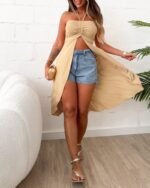 Kadın Straplez Boyundan Askılı Midi Bluz