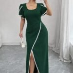 Kadın Kısa Kollu Kare Yakalı önden çapraz Kesim Detaylı Krep Elbise