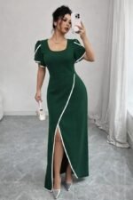 Kadın Kısa Kollu Kare Yakalı önden çapraz Kesim Detaylı Krep Elbise