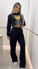 Kadın Uzun Kollu Bisiklet Yaka Desenli Iki Iplik şardonlu Bluz Ve Pantolon Ikili Takım - Görsel 3