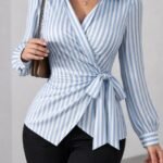 Kadın çizgili Kruvaze Bağlamalı Gömlek