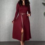 Kadın Uzun Kollu Yakalı Belden Deri Detaylı Kuşaklı Yırtmaçlı Midi Viskon Iki Iplik Elbise