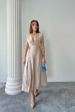 KRUVAZE VATKALI KOLSUZ ELBİSE MODAL KUMAŞ - Bej - Görsel 2