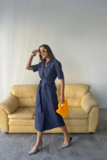 TENCEL ÖNDEN DÜĞMELİ KISA KOL ELBİSE - Mavi - Görsel 2