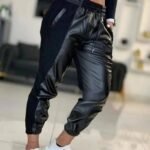 Kadın Yüksek Bel Lastikli Cepli Deri Detaylı Dalgıç Pantolon