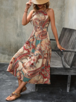 Kadın Kolsuz Boyundan Bağlamalı Beli Lastikli Dijital Baskı Süprem Uzun Elbise - Görsel 2