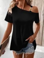 Kadın Kısa Kollu Tek Askı Detaylı Tokalı Viskon Bluz