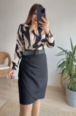 Kadın Uzun Kollu Yakalı üst Dalgıç Eteği Krep Kemerli Elbise - Görsel 6