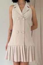 Bej Sırtı Açık Ceket Yakalı Elbise - Görsel 3