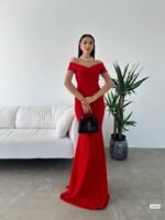 Kadın Dalgıç Kumaş Kayık Yaka Ve Dekolte Detaylı Elbise - Görsel 4