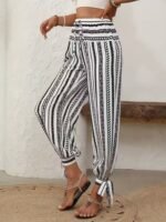 Kadın Yüksek Bel Desenli Paçadan Bağlamalı Yanları Yırtmaçlı Süprem Pantolon - Görsel 2