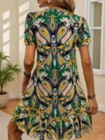Kadın Kısa Kollu V Yakalı Desenli Kısa Süprem Elbise - Görsel 5