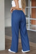 Kadın Yüksek Bel Lastikli Bağcıklı Kot Pantolon - Görsel 5