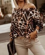 Kadın Uzun Kollu V Yaka Düşük Omuz Geometrik Desen şardonlu Dalgıç Bluz - Görsel 3