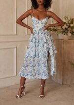 Kadın Sıfır Kol Askılı Dekolteli Yırtmaç Detay çiçek Baskılı Süprem Midi Elbise - Görsel 7