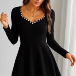 Kadın Uzun Kollu Inci Yakalı Kısa Ithal Krep Elbise