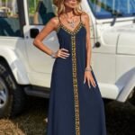 Kadın Askılı V Yakalı Etnik şerit Detaylı Uzun Viskon Elbise