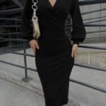 Kadın Uzun Kollu Kruvaze Yaka Büzgü Ve Balon Kol Detay Krep Kumaş Maxi Boy Simli Elbise