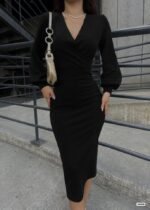 Kadın Uzun Kollu Kruvaze Yaka Büzgü Ve Balon Kol Detay Krep Kumaş Maxi Boy Simli Elbise