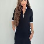 Kadın Kısa Kollu Yakadan Fermuarlı Cepli Yandan Yırtmaçlı Viskon Elbise