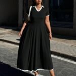 Kadın Kısa Kollu V Yakalı Pileli Uzun Janjan Krep Elbise