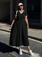 Kadın Kısa Kollu V Yakalı Pileli Uzun Janjan Krep Elbise