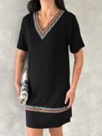 Kadın Kısa Kollu V Yakalı Etnik Desen şerit Detaylı Viskon Elbise - Görsel 11