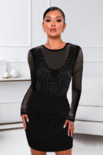 Kadın Uzun Kollu Yuvarlak Yaka Dekolteli Taşlı Dalgıç Elbise - Görsel 4